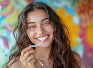 Happy young woman holding her Invisalign aligner