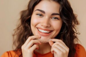 Smiling woman holding an Invisalign aligner