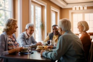 Group of senior friends enjoying a meal together