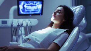 Happy dental patient reclining in treatment chair