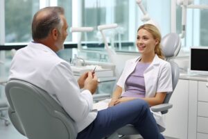 Dentist and patient having friendly conversation